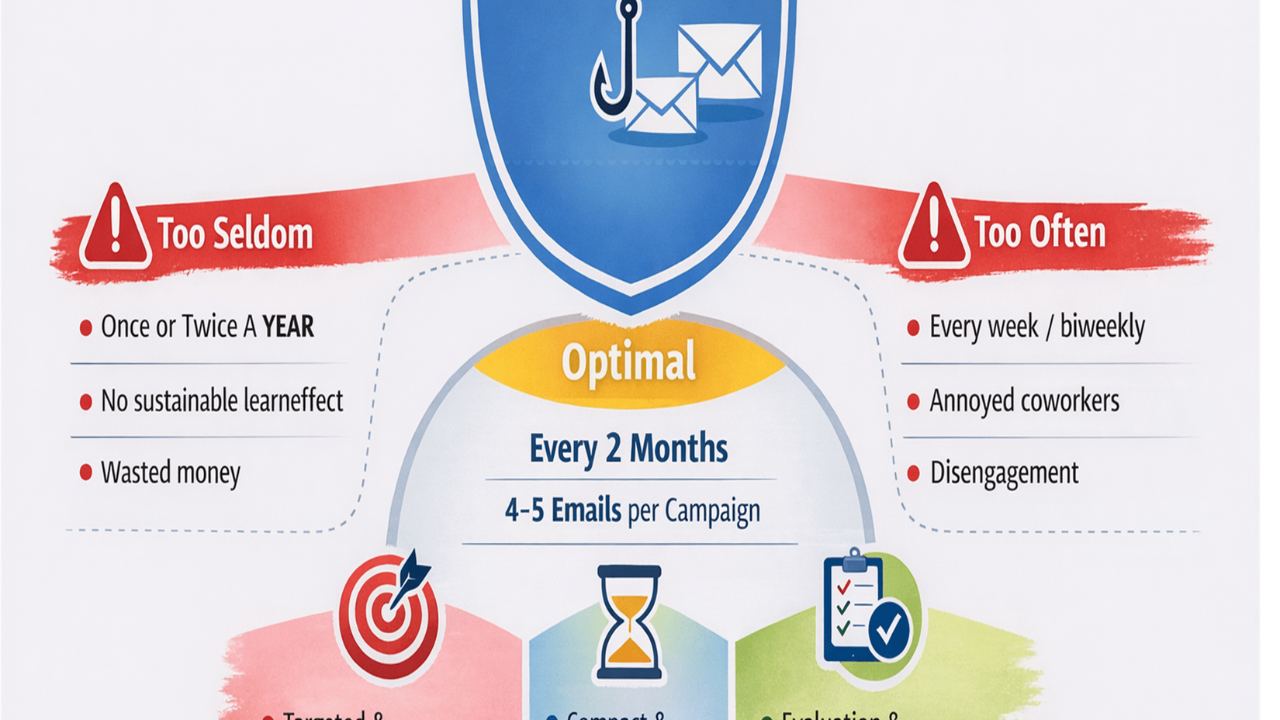 Infographic showing the optimal frequency for phishing exercises at work.