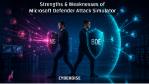 Two men holding shields labeled MS and BDE deflecting phishing attacks, illustrating the strengths and weaknesses of Microsoft Defender Attack Simulator