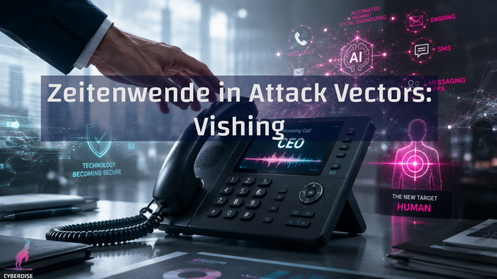 A hand reaching for an office desk phone showing an incoming "CEO" call with an AI voice waveform, surrounded by icons for voice calls, SMS and AI — symbolizing AI-powered vishing attacks.