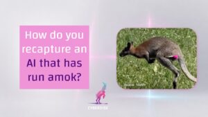 Title card showing the wallaby that escaped in Switzerland on grass, alongside the question of how to recapture an AI that has run amok