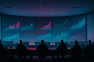 Security operations centre with analysts silhouetted against a wall of dashboards showing rising cost curves in magenta and cyan