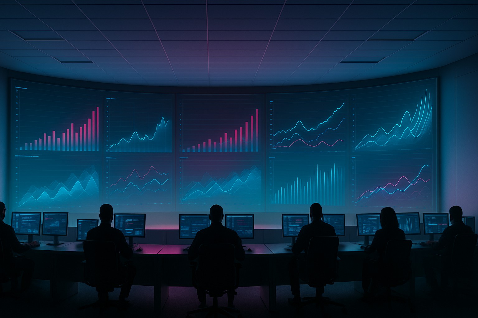 Security operations centre with analysts silhouetted against a wall of dashboards showing rising cost curves in magenta and cyan