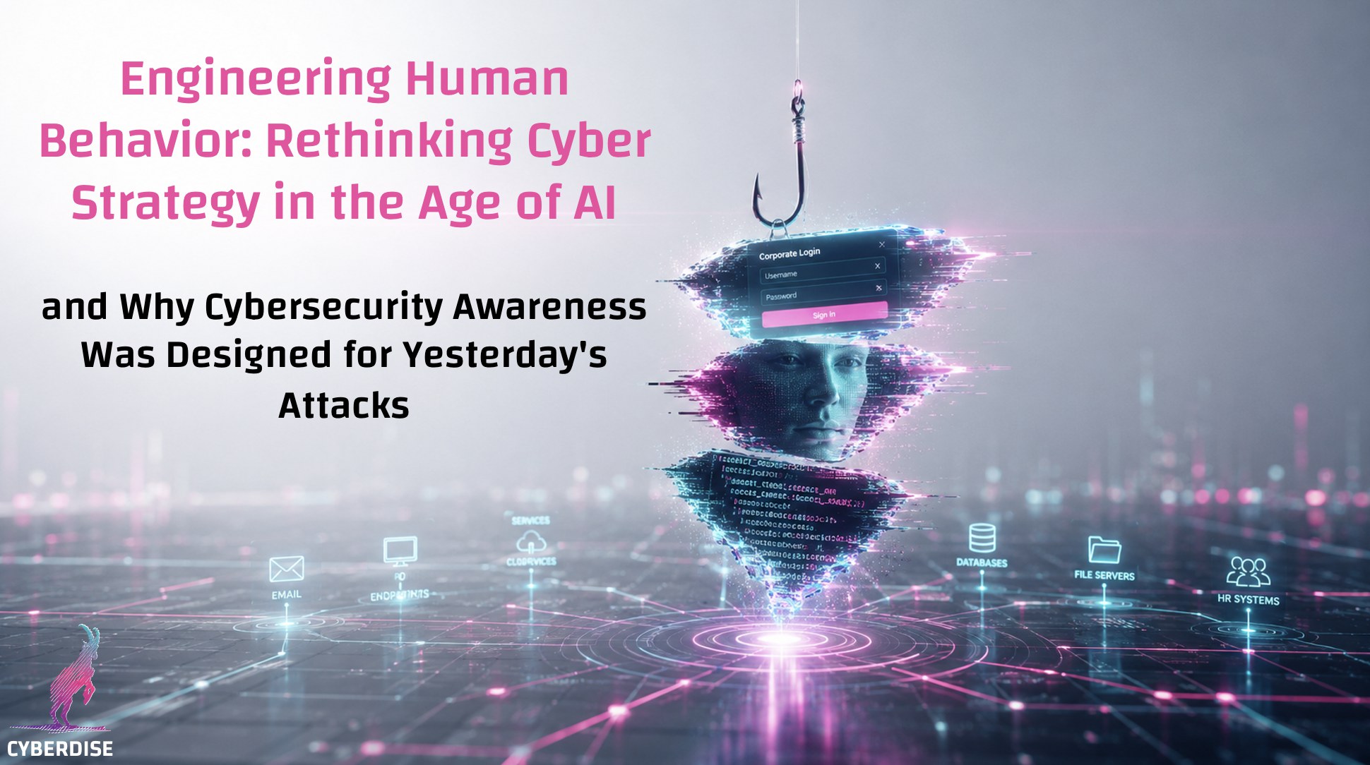 Phishing hook pulling a corporate login prompt and a human face made of data down into a company's email, endpoints, cloud, databases and HR systems