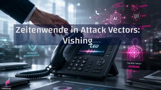 A hand reaching for an office desk phone showing an incoming "CEO" call with an AI voice waveform, surrounded by icons for voice calls, SMS and AI — symbolizing AI-powered vishing attacks.