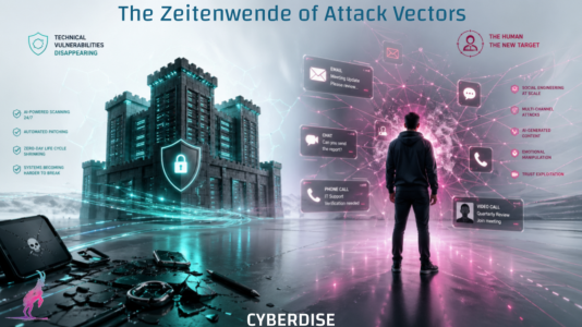 Concept banner titled "The Zeitenwende of Attack Vectors." On the left, in teal, a fortress built from data-center server racks stands behind a glowing padlock shield — hardened technology with disappearing vulnerabilities — while shattered smartphones lie in the foreground. On the right, in pink, a lone hooded figure seen from behind is surrounded by fake email, chat, phone, and video-call messages, labeled "The human – the new target."